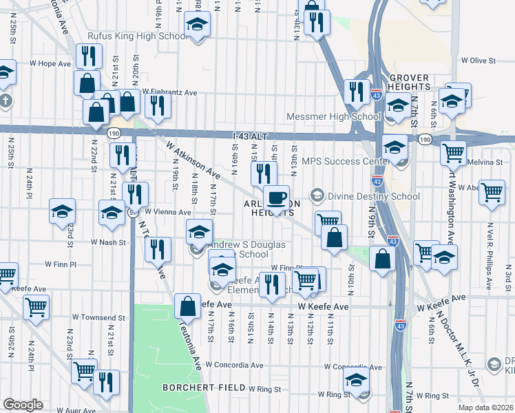 map of restaurants, bars, coffee shops, grocery stores, and more near 3757 North 15th Street in Milwaukee