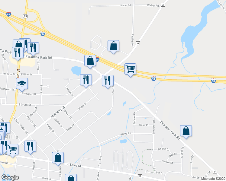 map of restaurants, bars, coffee shops, grocery stores, and more near 929 Owen Street in Lake Mills