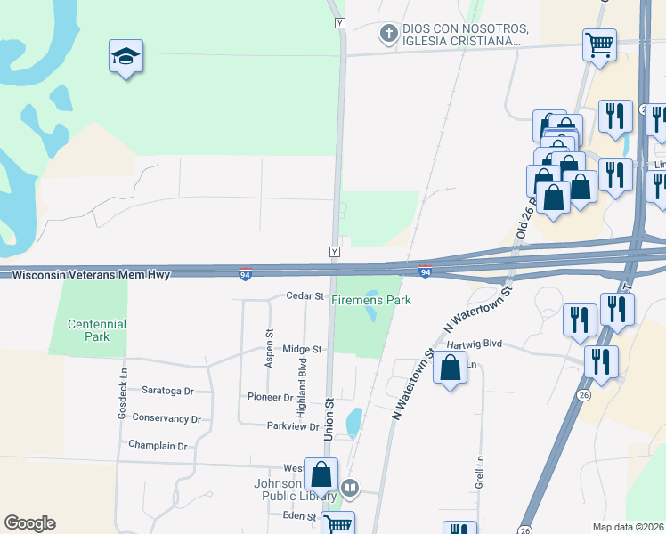 map of restaurants, bars, coffee shops, grocery stores, and more near Interstate 94 in Johnson Creek