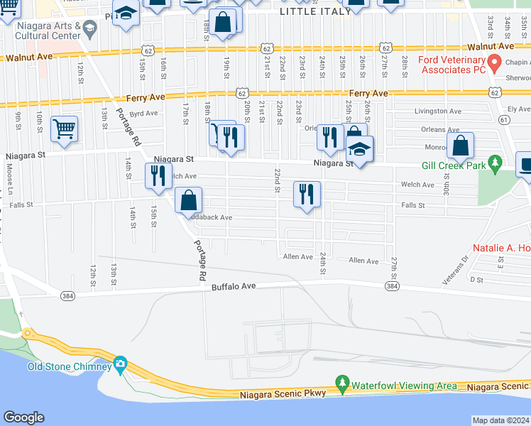 map of restaurants, bars, coffee shops, grocery stores, and more near 1960 Cudaback Avenue in Niagara Falls