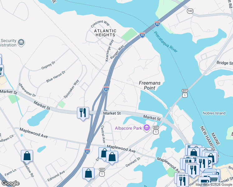 map of restaurants, bars, coffee shops, grocery stores, and more near 450 Cutts Avenue in Portsmouth