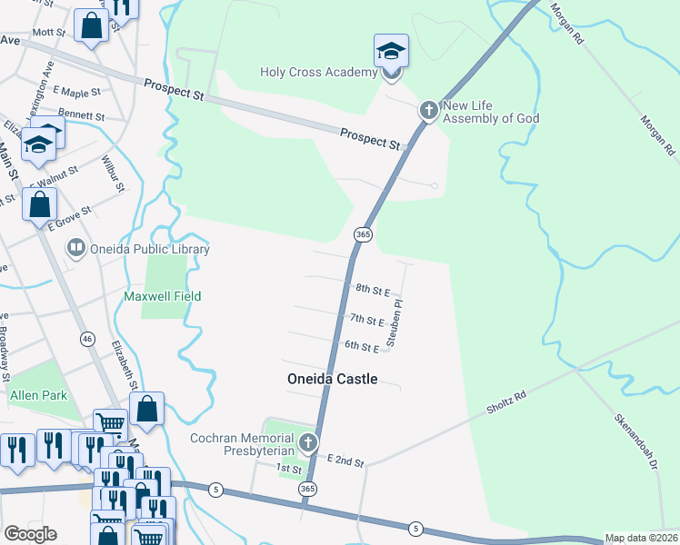 map of restaurants, bars, coffee shops, grocery stores, and more near 63 State Street in Oneida