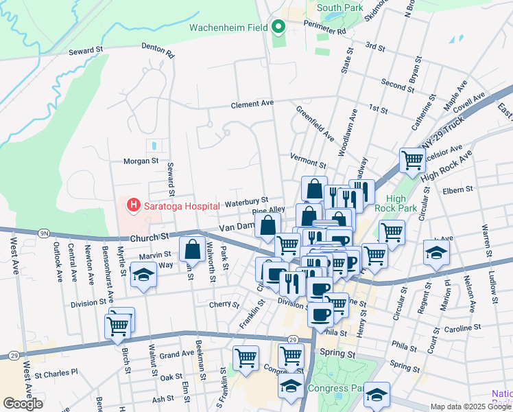 map of restaurants, bars, coffee shops, grocery stores, and more near 30 Waterbury Street in Saratoga Springs