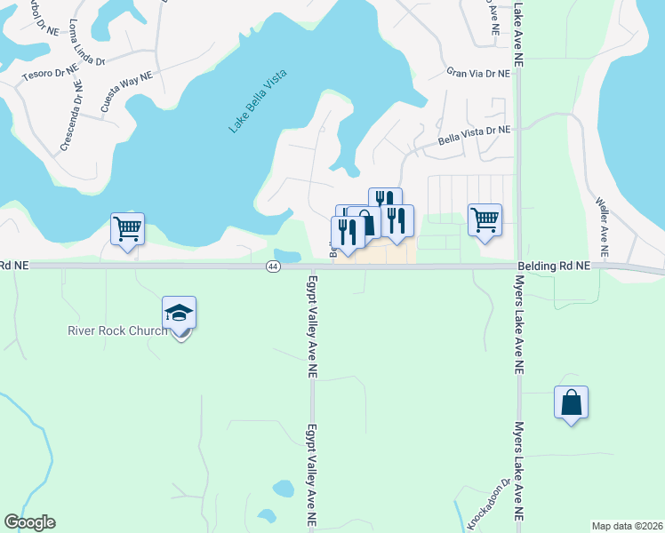 map of restaurants, bars, coffee shops, grocery stores, and more near 6434 Belding Road Northeast in Rockford