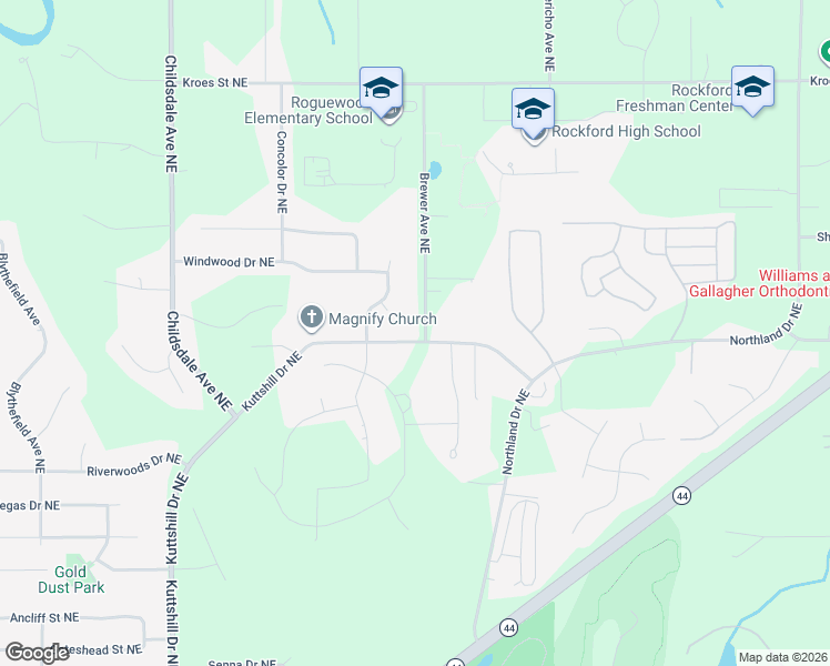 map of restaurants, bars, coffee shops, grocery stores, and more near 6801 Kuttshill Drive Northeast in Rockford