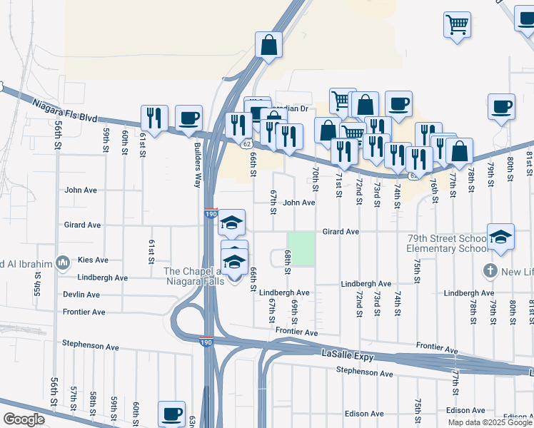map of restaurants, bars, coffee shops, grocery stores, and more near 614 67th Street in Niagara Falls