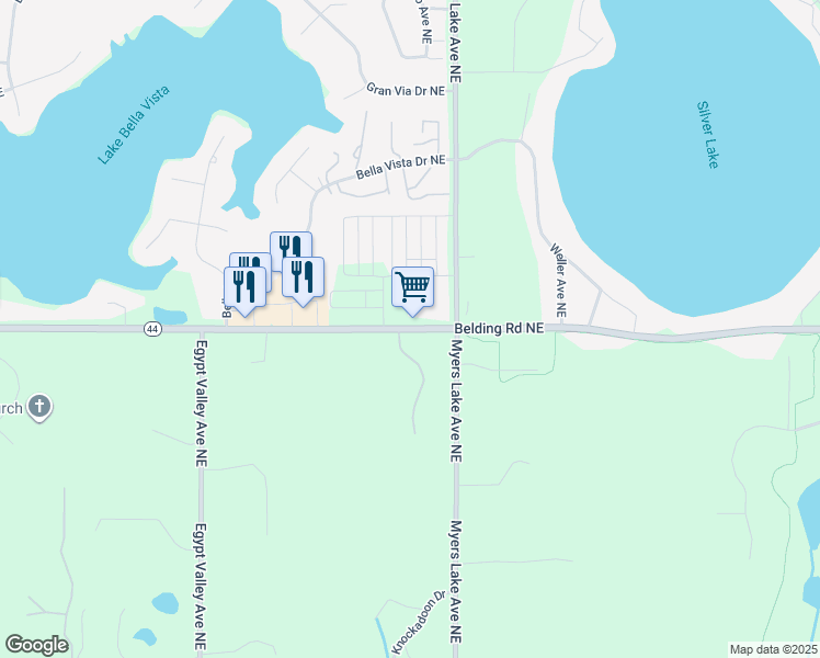 map of restaurants, bars, coffee shops, grocery stores, and more near 6780 Belding Road Northeast in Rockford