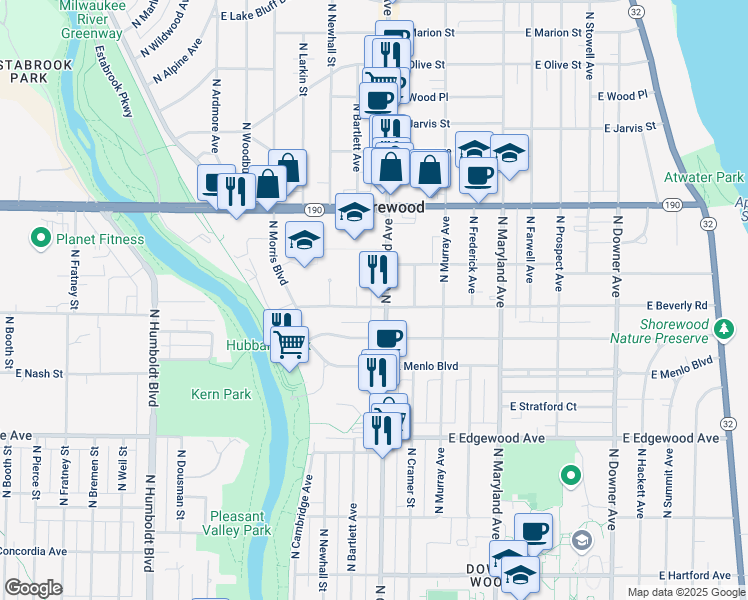 map of restaurants, bars, coffee shops, grocery stores, and more near 1714 East Beverly Road in Shorewood