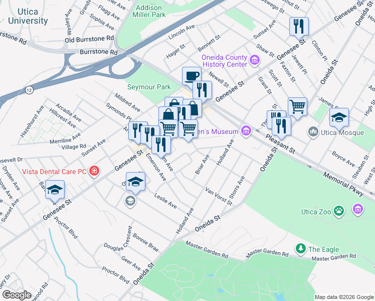 map of restaurants, bars, coffee shops, grocery stores, and more near 1908 Butterfield Avenue in Utica