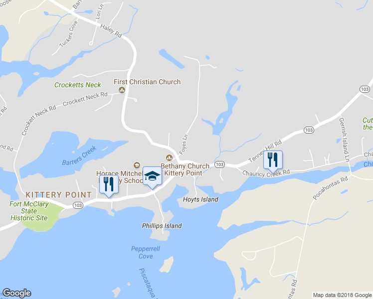 map of restaurants, bars, coffee shops, grocery stores, and more near 6 Foyes Lane in Kittery