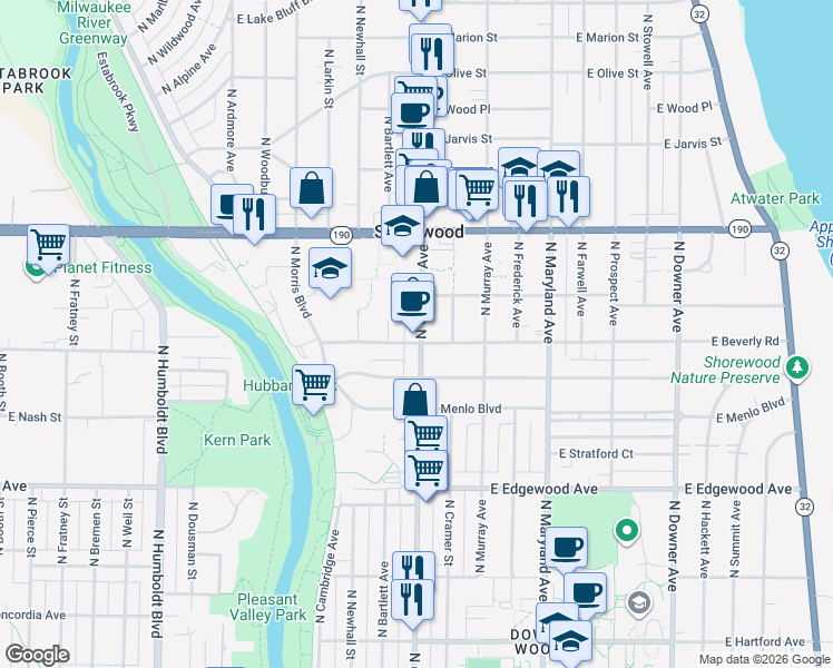 map of restaurants, bars, coffee shops, grocery stores, and more near 3807 North Oakland Avenue in Shorewood