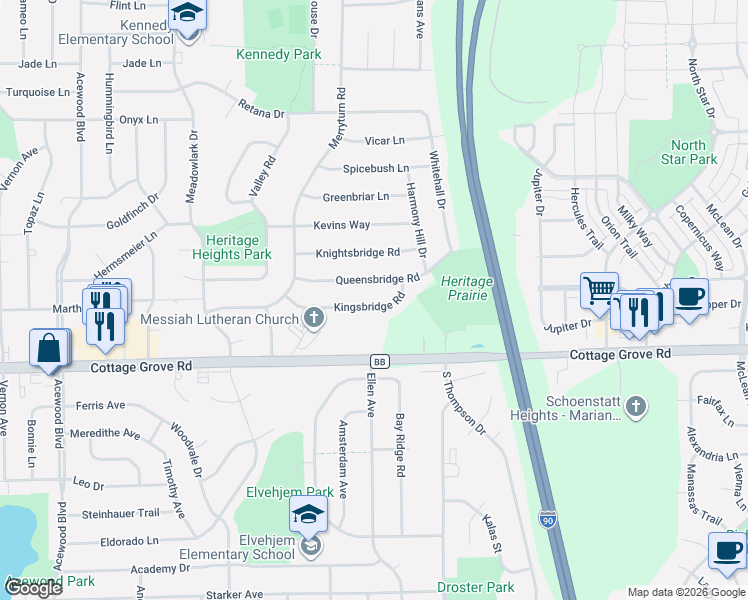 map of restaurants, bars, coffee shops, grocery stores, and more near 5325 Kingsbridge Road in Madison