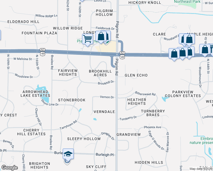 map of restaurants, bars, coffee shops, grocery stores, and more near 15725 Brookhill Drive in Brookfield