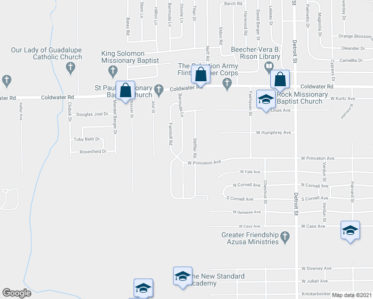 map of restaurants, bars, coffee shops, grocery stores, and more near 5400 Bermuda Lane in Flint