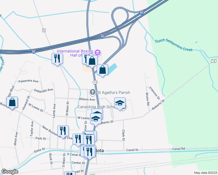 map of restaurants, bars, coffee shops, grocery stores, and more near 346 North Peterboro Street in Canastota