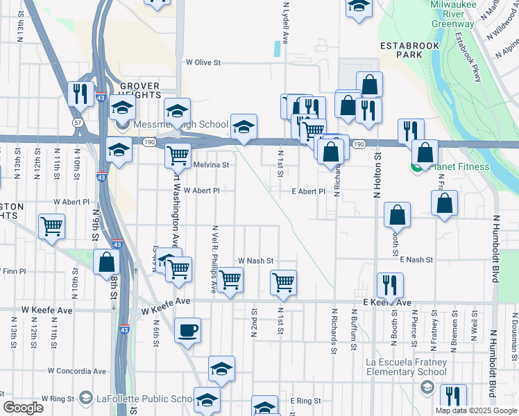 map of restaurants, bars, coffee shops, grocery stores, and more near 3832 North 3rd Street in Milwaukee