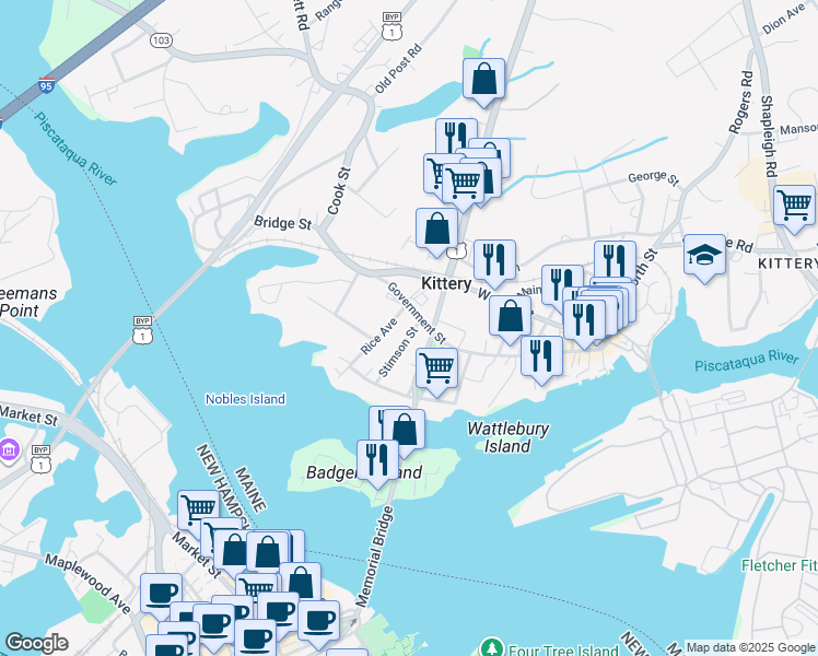 map of restaurants, bars, coffee shops, grocery stores, and more near 2 Newmarch Street in Kittery