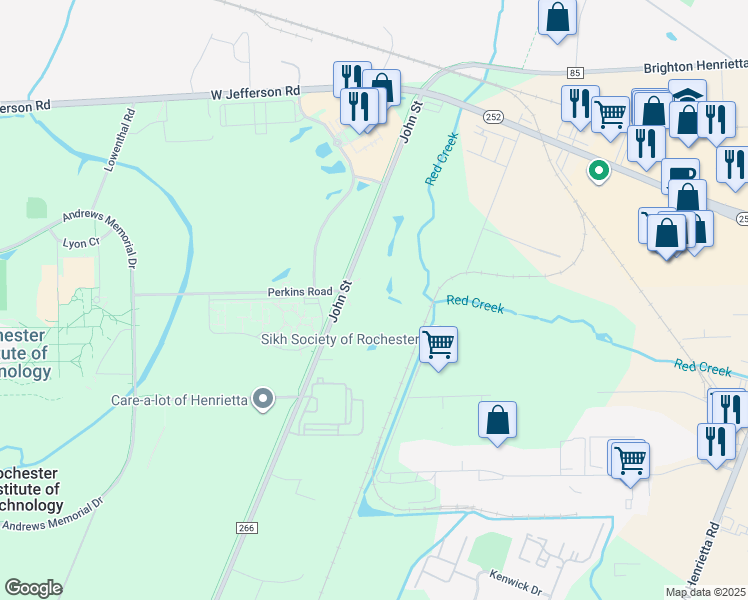 map of restaurants, bars, coffee shops, grocery stores, and more near 220 John Street in Rochester