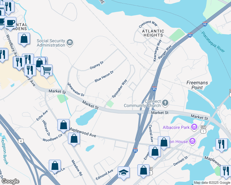 map of restaurants, bars, coffee shops, grocery stores, and more near 39 Spinnaker Way in Portsmouth