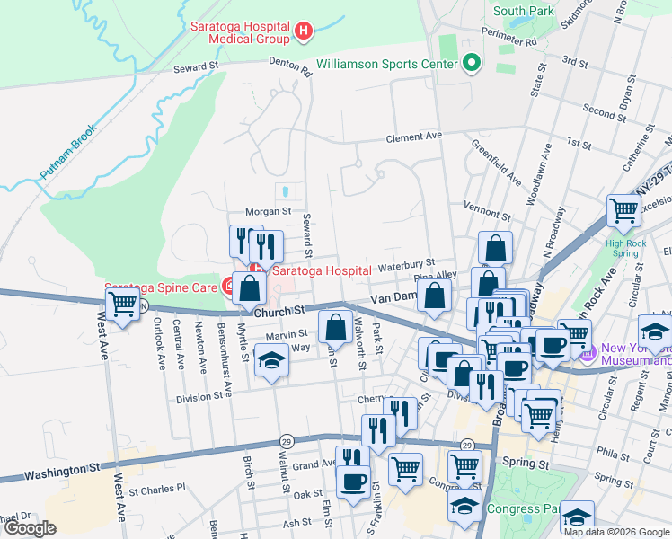 map of restaurants, bars, coffee shops, grocery stores, and more near 6 Seward Street in Saratoga Springs