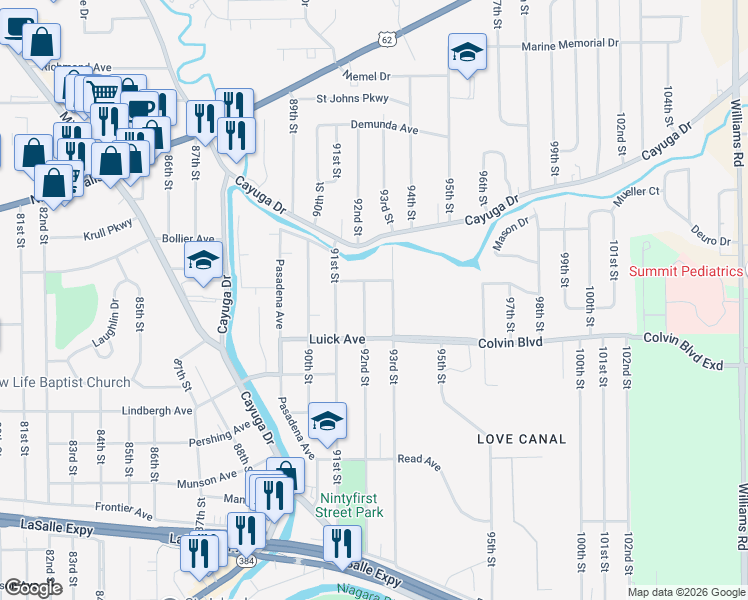 map of restaurants, bars, coffee shops, grocery stores, and more near 1030 92nd Street in Niagara Falls