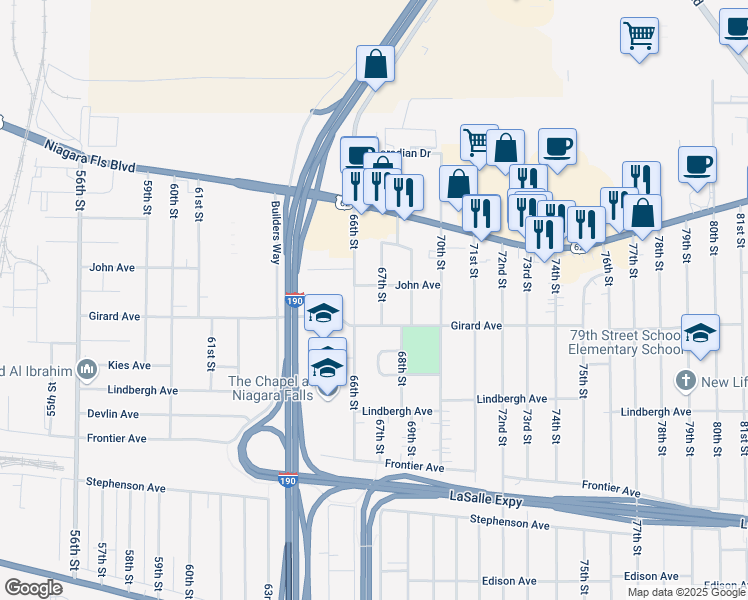 map of restaurants, bars, coffee shops, grocery stores, and more near 614 67th Street in Niagara Falls