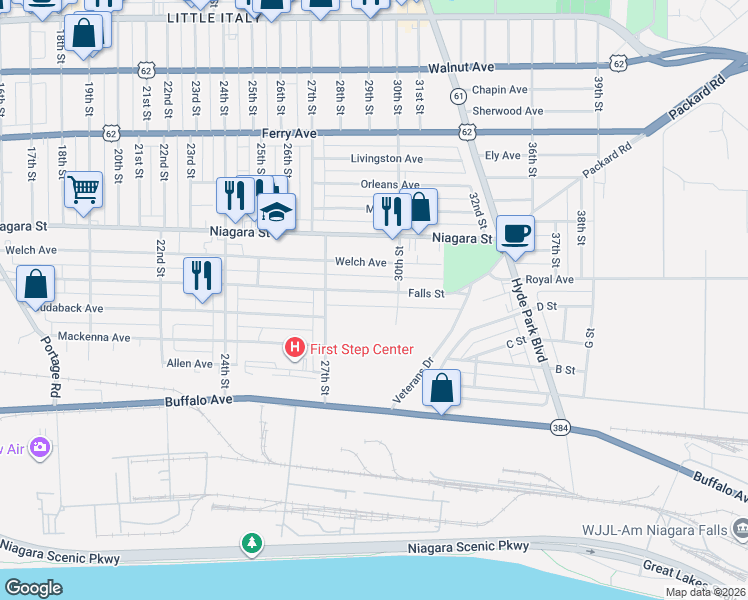 map of restaurants, bars, coffee shops, grocery stores, and more near 245 30th Street in Niagara Falls