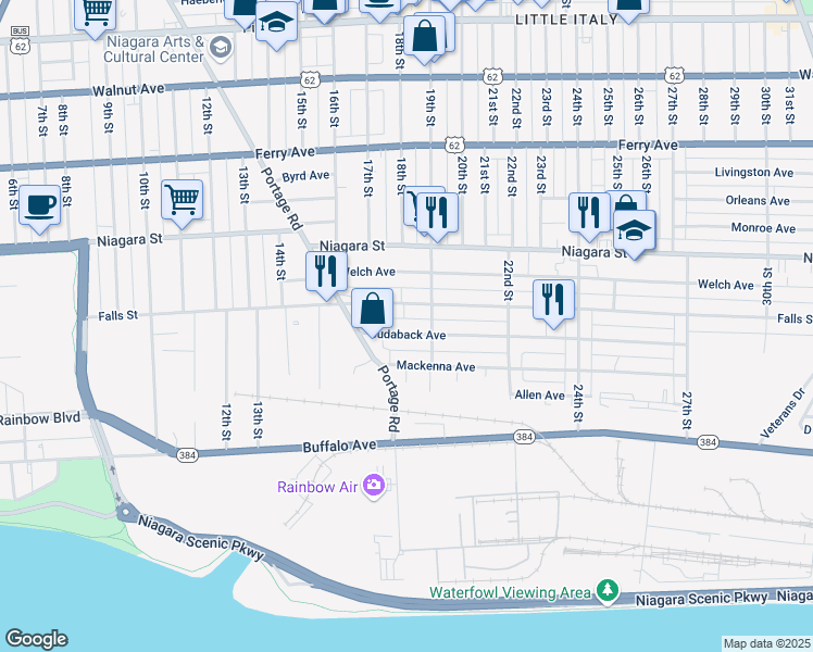 map of restaurants, bars, coffee shops, grocery stores, and more near 1753 Cudaback Avenue in Niagara Falls