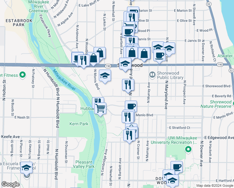 map of restaurants, bars, coffee shops, grocery stores, and more near 1603 East Beverly Road in Milwaukee