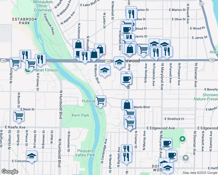 map of restaurants, bars, coffee shops, grocery stores, and more near 3730 North Morris Boulevard in Shorewood