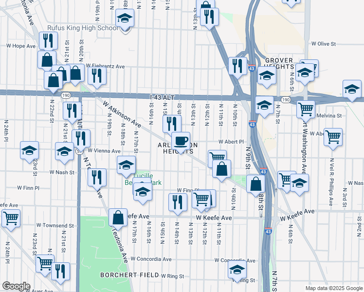 map of restaurants, bars, coffee shops, grocery stores, and more near 3734 North 14th Street in Milwaukee