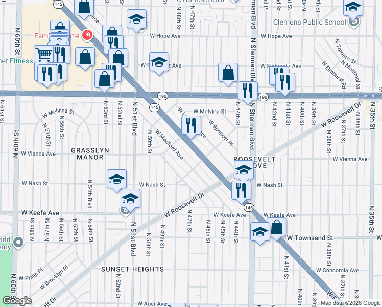 map of restaurants, bars, coffee shops, grocery stores, and more near 4613 West Fond Du Lac Avenue in Milwaukee