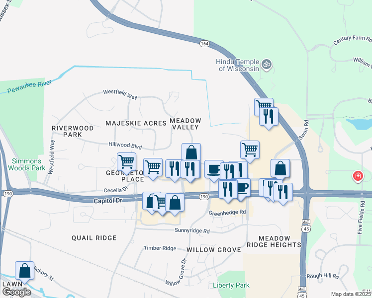map of restaurants, bars, coffee shops, grocery stores, and more near 659 Westfield Way in Pewaukee