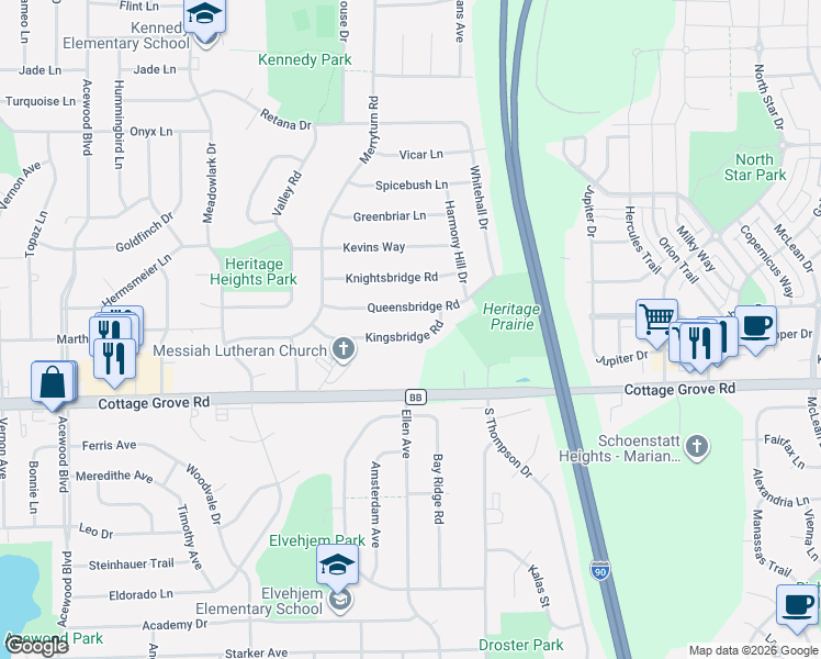 map of restaurants, bars, coffee shops, grocery stores, and more near 5325 Kingsbridge Road in Madison