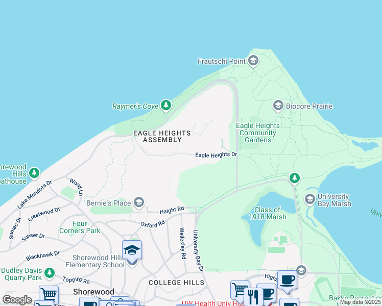 map of restaurants, bars, coffee shops, grocery stores, and more near 925 Eagle Heights Drive in Madison