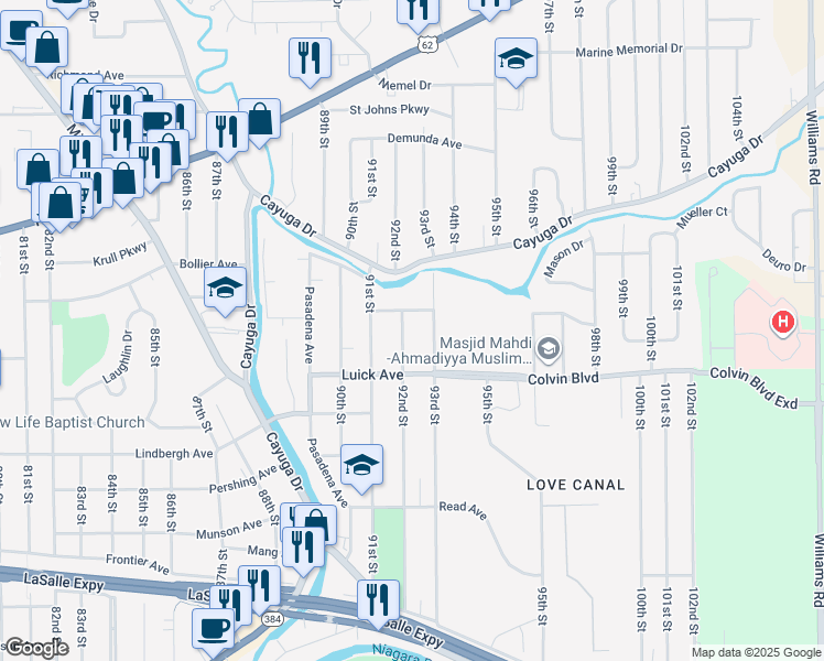 map of restaurants, bars, coffee shops, grocery stores, and more near 1030 92nd Street in Niagara Falls