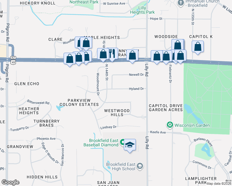 map of restaurants, bars, coffee shops, grocery stores, and more near 14340 Woodmount Drive in Brookfield