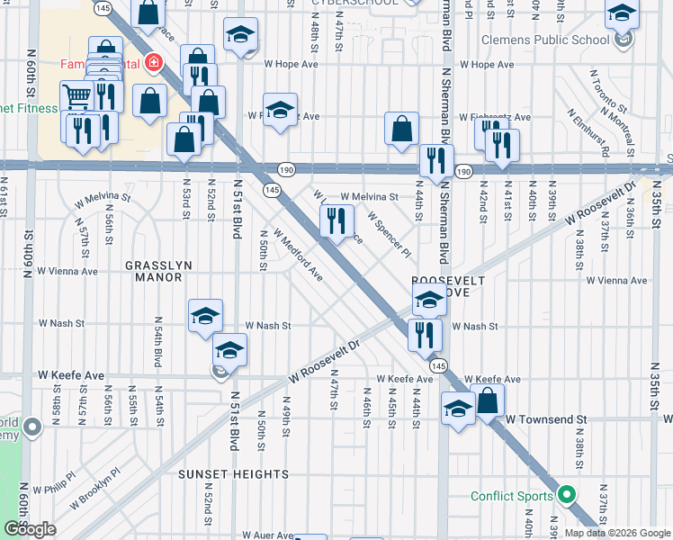 map of restaurants, bars, coffee shops, grocery stores, and more near 4613 West Fond Du Lac Avenue in Milwaukee
