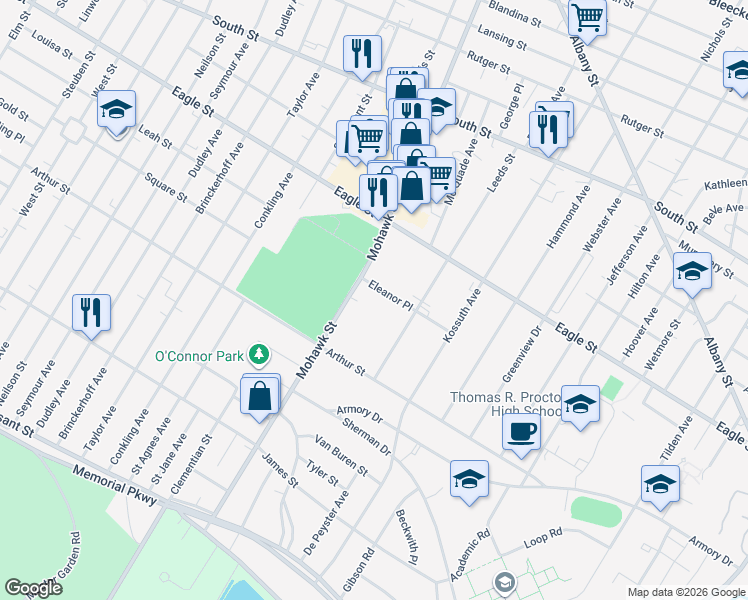 map of restaurants, bars, coffee shops, grocery stores, and more near 704 Eleanor Place in Utica