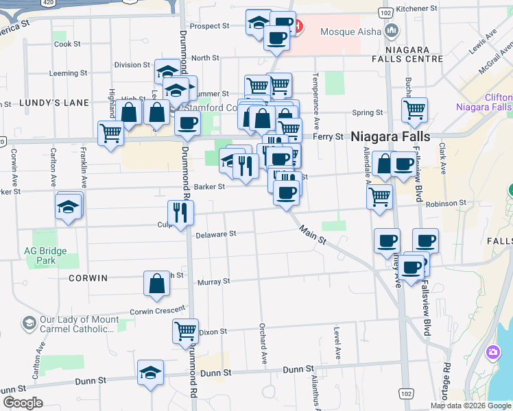 map of restaurants, bars, coffee shops, grocery stores, and more near 5981 Culp Street in Niagara Falls