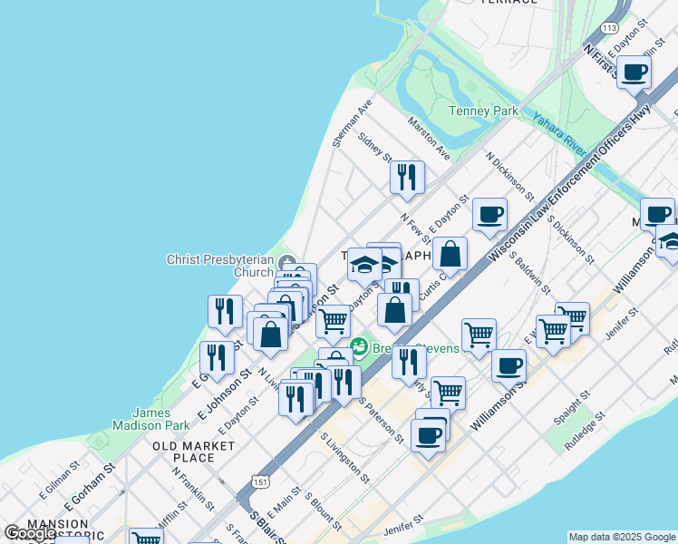 map of restaurants, bars, coffee shops, grocery stores, and more near 1020 East Johnson Street in Madison