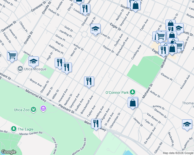 map of restaurants, bars, coffee shops, grocery stores, and more near 1537 Dudley Avenue in Utica
