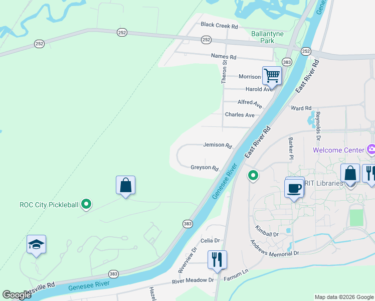 map of restaurants, bars, coffee shops, grocery stores, and more near 15 Circle Drive in Rochester