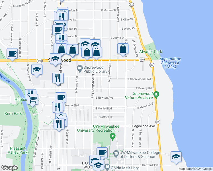 map of restaurants, bars, coffee shops, grocery stores, and more near 3807 North Prospect Avenue in Shorewood