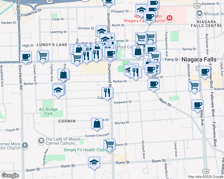 map of restaurants, bars, coffee shops, grocery stores, and more near 6100 Drummond Road in Niagara Falls