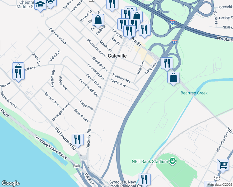 map of restaurants, bars, coffee shops, grocery stores, and more near 115 Dexter Avenue in Liverpool