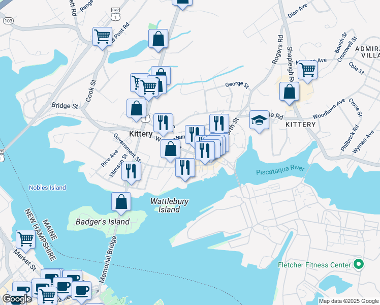 map of restaurants, bars, coffee shops, grocery stores, and more near 46 Otis Avenue in Kittery