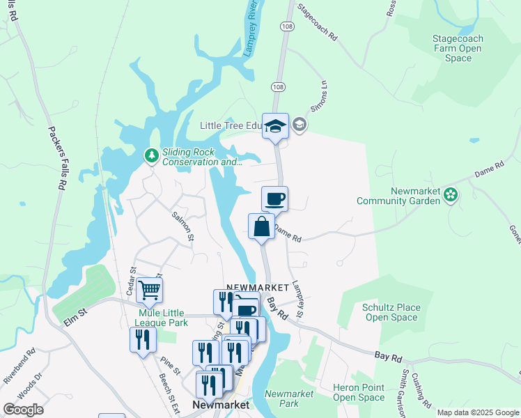 map of restaurants, bars, coffee shops, grocery stores, and more near 22 North Main Street in Newmarket