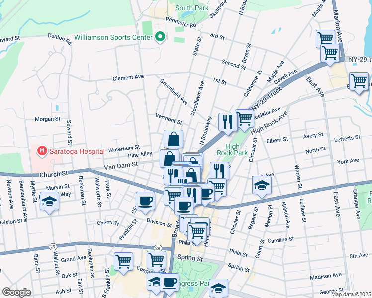 map of restaurants, bars, coffee shops, grocery stores, and more near 118 Woodlawn Avenue in Saratoga Springs