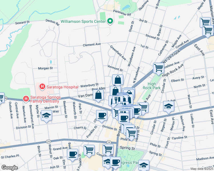 map of restaurants, bars, coffee shops, grocery stores, and more near 73 Van Dam Street in Saratoga Springs